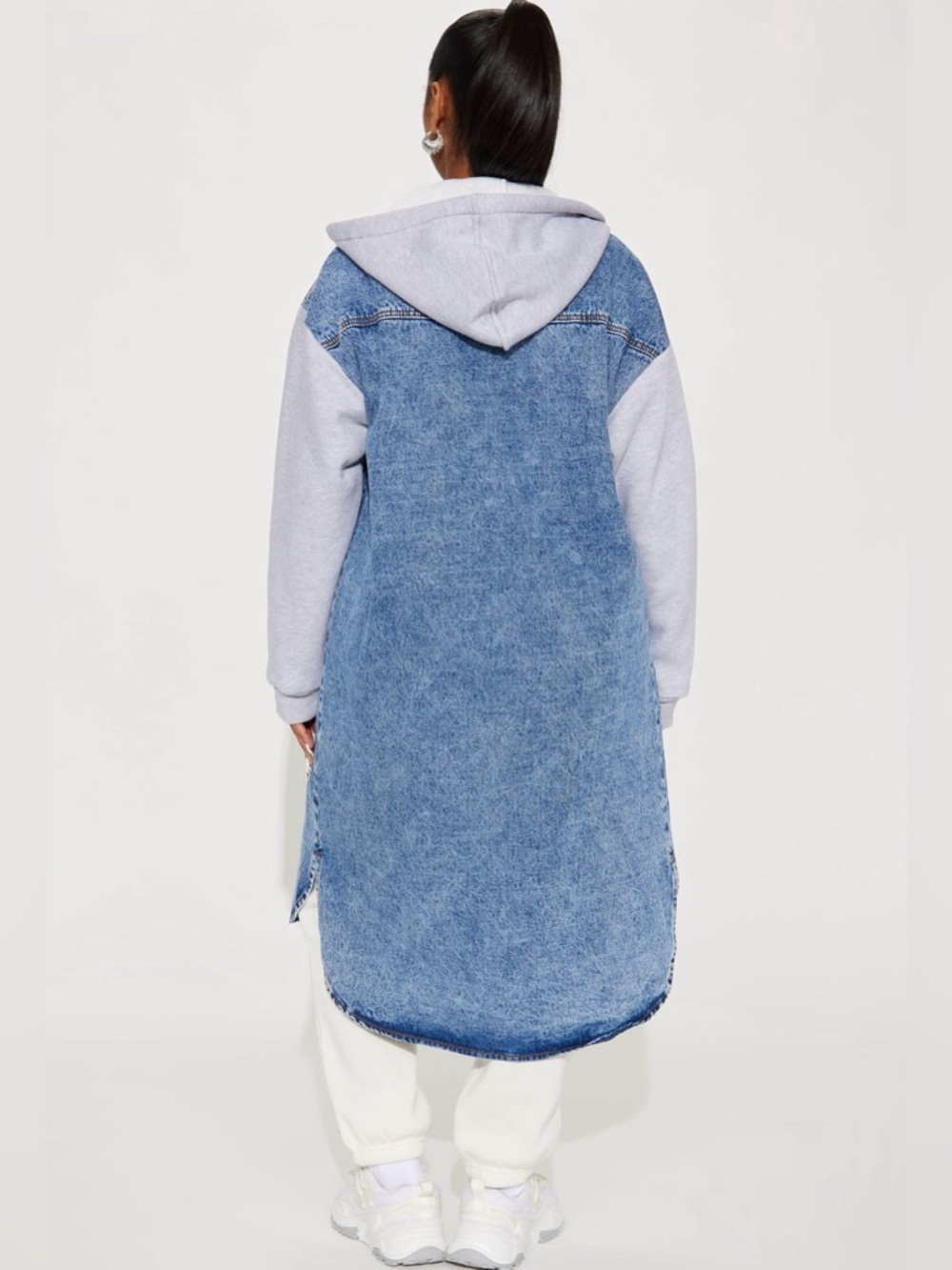 Women Long Denim Duster Jacket Hooded Two Tone Coat Blue Streetwear Layered NWT - Picture 2 of 5